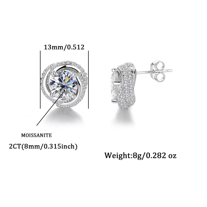 925 Sterling Silver Spiral Moissanite Three-Ring Stud Earrings, 2 Carat, Exquisite, High-End, Versatile, Rotating Earrings