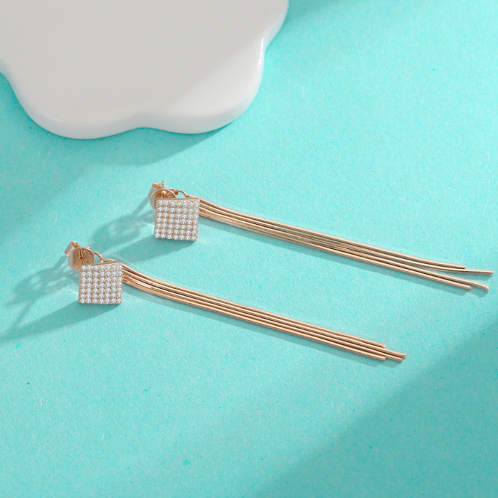 S925 Sterling Silver Moissanite Diamond Tassel Stud Earrings, High-End Square Earrings with a Touch of Luxury