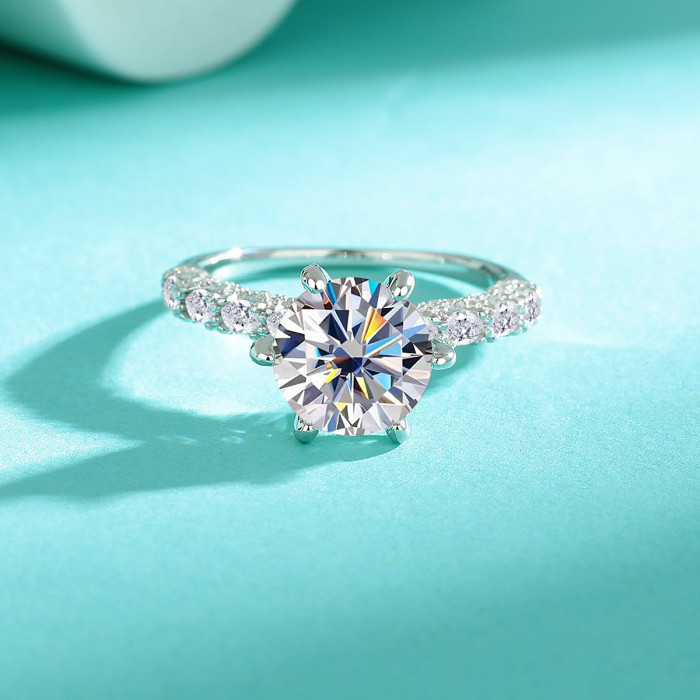 S925 Sterling Silver Aquamarine Firework-Cut Ring for Women, Delicate Style Wedding Ring with Hundreds of Facets, White Moissanite, Brilliant Sparkle