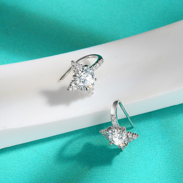 S925 Sterling Silver Four-Pointed Star Earrings with Moissanite and Zirconia - Simple, Elegant, and Versatile.
