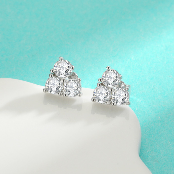 S925 Sterling Silver Moissanite Three-Diamond Heart Earrings - Simple, Unique Design, Exquisite, Stylish, and Versatile Earrings