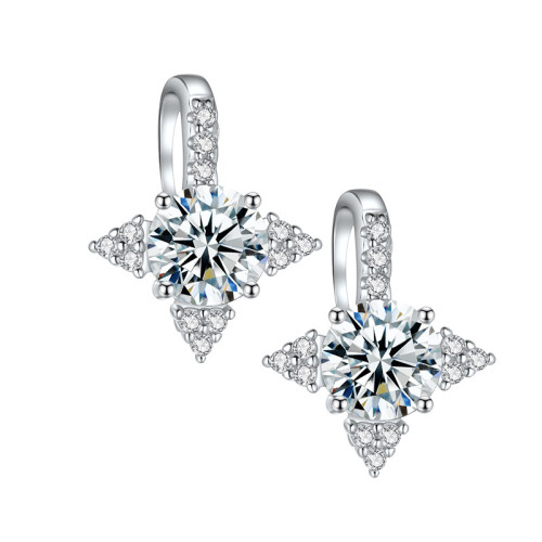 S925 Sterling Silver Four-Pointed Star Earrings with Moissanite and Zirconia - Simple, Elegant, and Versatile.
