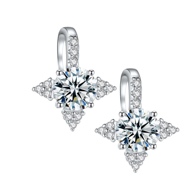 S925 Sterling Silver Four-Pointed Star Earrings with Moissanite and Zirconia - Simple, Elegant, and Versatile.