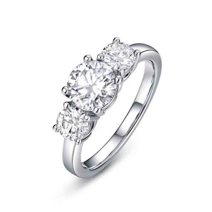 S925 Sterling Silver Luxury Elegant 18K White Gold Plated Three-Diamond High-End Moissanite Women's Ring Trendy