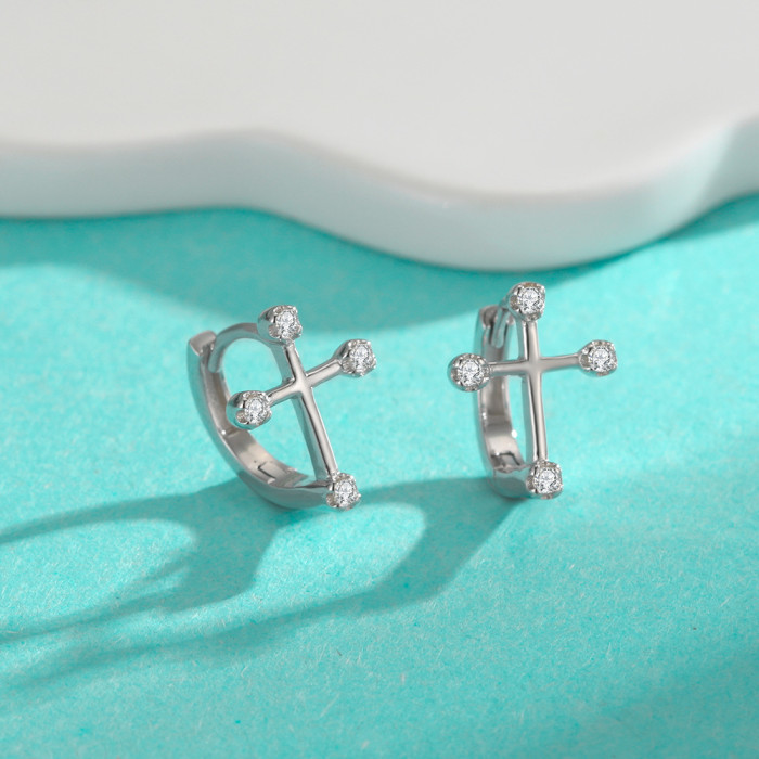 S925 Moissanite minimalist niche high-end cross-shaped earrings, fashionable platinum PT950 earrings, versatile.