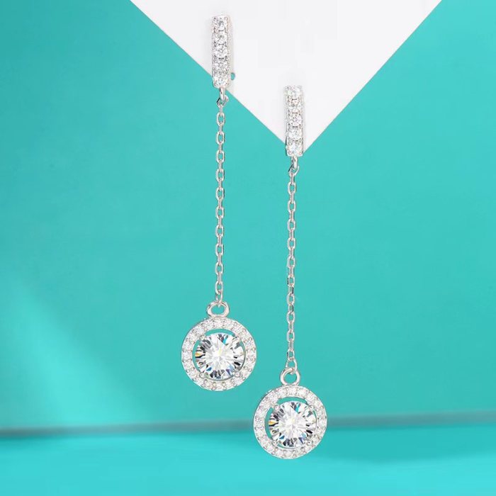 European and American style S925 moissanite diamond long elegant tassel earrings, light luxury fashion ear wire earrings, round bag earrings