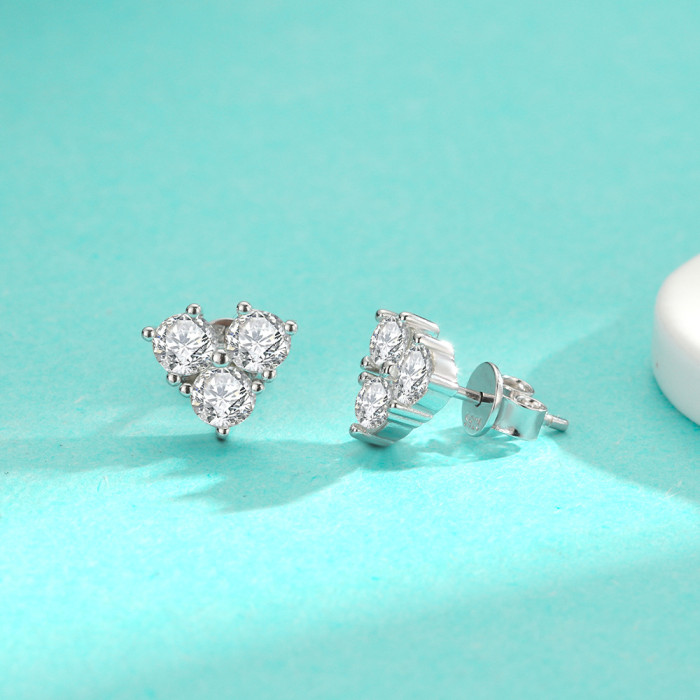 S925 Sterling Silver Moissanite Three-Diamond Heart Earrings - Simple, Unique Design, Exquisite, Stylish, and Versatile Earrings