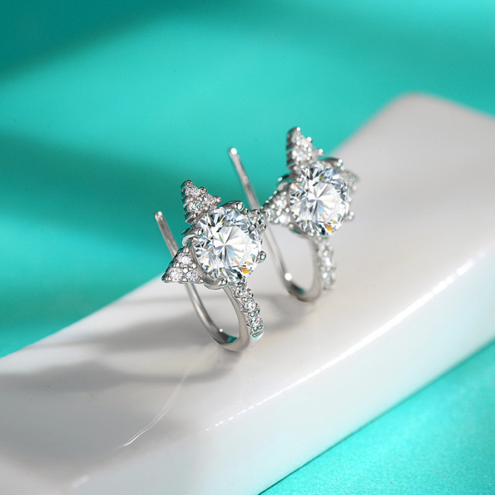 S925 Sterling Silver Four-Pointed Star Earrings with Moissanite and Zirconia - Simple, Elegant, and Versatile.
