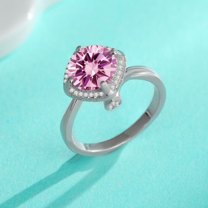 S925 Sterling Silver Colored Morganite Ring 3 Carat Twisted Band Square-Set Ring Gift for Girlfriend Wedding Ring