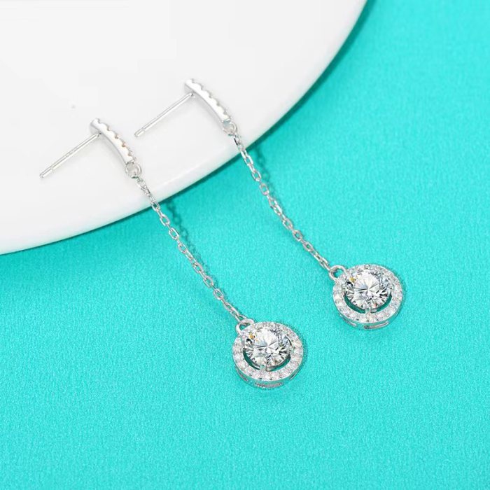 European and American style S925 moissanite diamond long elegant tassel earrings, light luxury fashion ear wire earrings, round bag earrings