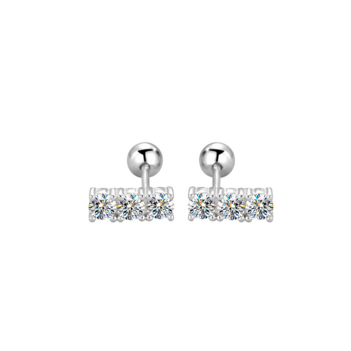S925 Sterling Silver Fashionable Mini Moissanite Stud Earrings for Women, Simple Style with Three Diamonds