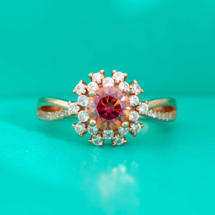 Red Moissanite Flower Ring for Women, S925 Sterling Silver, Micro-Set Closed Band, Champagne Gold Color