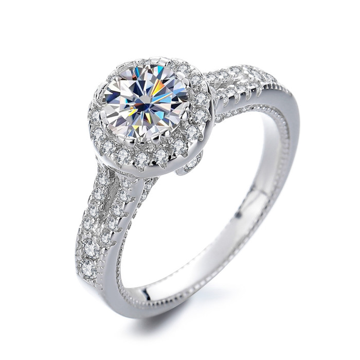 S925 sterling silver Moissanite ring, elaborate craftsmanship, luxurious Y-shaped round bezel, platinum-plated Pt950 women's ring