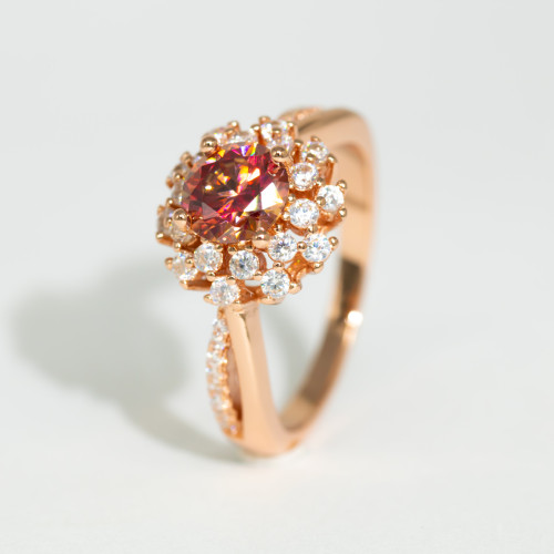 Red Moissanite Flower Ring for Women, S925 Sterling Silver, Micro-Set Closed Band, Champagne Gold Color