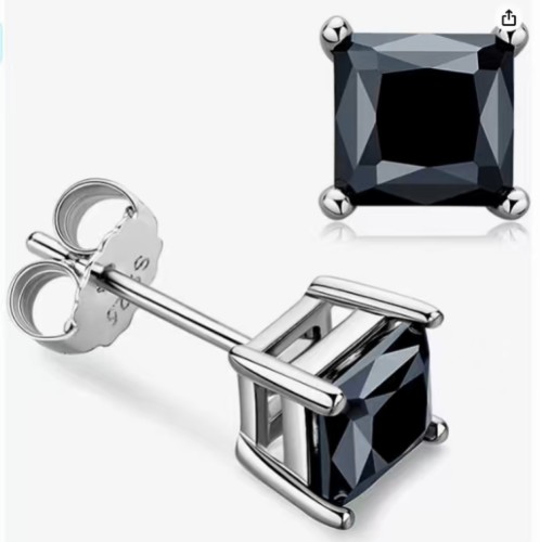 Moissanite square four-prong stud earrings for women, S925 sterling silver princess style, simple, fashionable, niche design.
