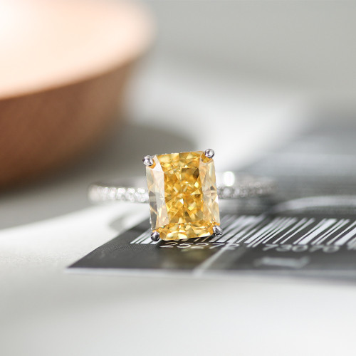 S925 Sterling Silver Rectangular Yellow Diamond Ice Flower Cut 8*10 Ring Fashionable Versatile High-End Feeling Ring