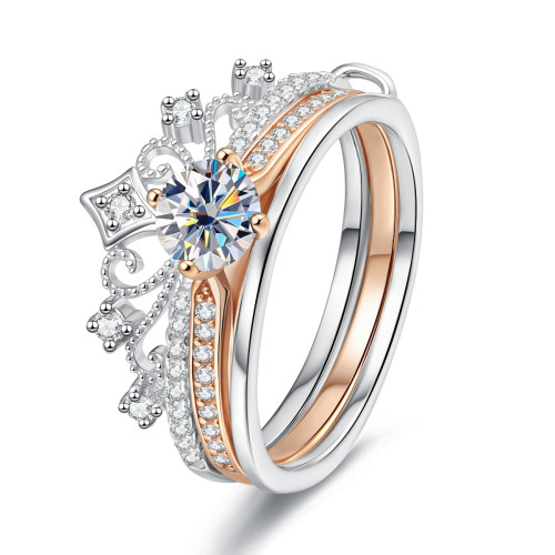 S925 sterling silver moissanite castle fireworks double-layer stacking ring with rose two-tone lace hollow design, high-end jewelry