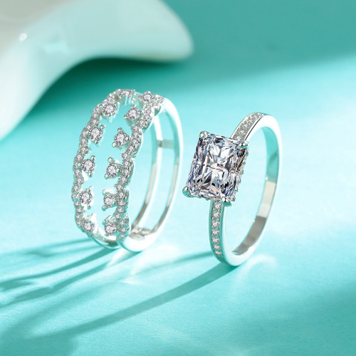 S925 sterling silver rectangular Moissanite ring, two-wear style, versatile and fashionable accessory