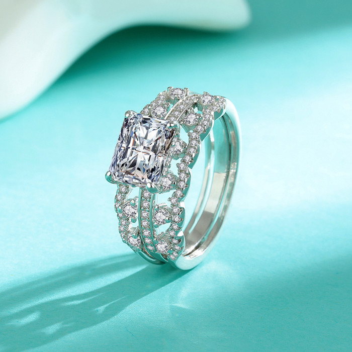 S925 sterling silver rectangular Moissanite ring, two-wear style, versatile and fashionable accessory
