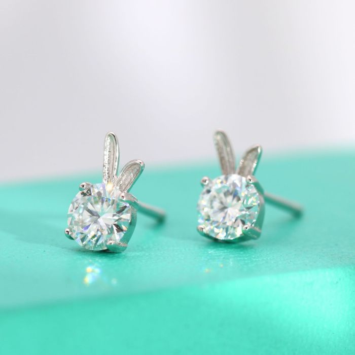S925 Sterling Silver Moissanite Bunny Stud Earrings, Mini Style, Simple Women's Earrings