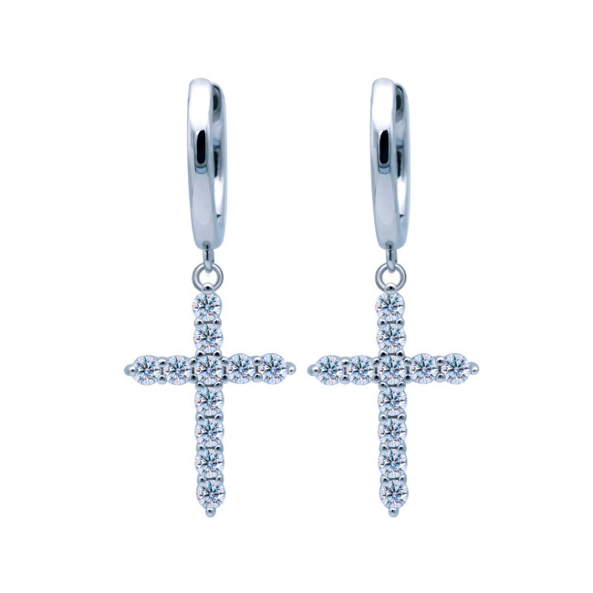 S925 Sterling Silver Moissanite Cross Earrings, Classic Stud Earrings, Pavé Set Earrings, Drop Earrings, Silver Needle Earrings