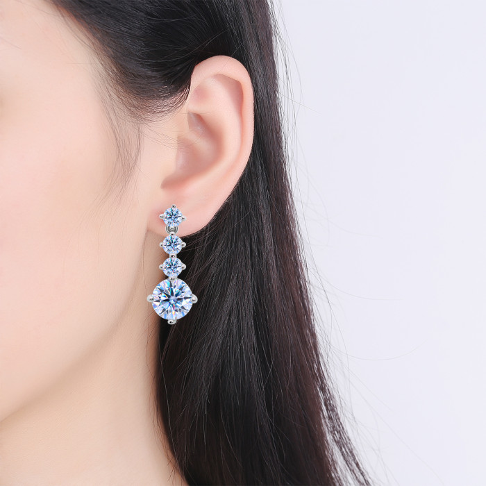 Moissanite earrings with silver needles, elegant and heavy-duty long style, S925 sterling silver, round design for women.