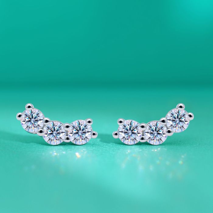 Women's Moissanite Stud Earrings, 925 Sterling Silver, Summer Style, Niche Design, Symmetrical Three Diamonds, Exquisite, Simple, and Cool Style