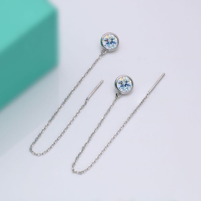 Moissanite long tassel earrings for women, S925 sterling silver, small and delicate, simple round bubble earrings.