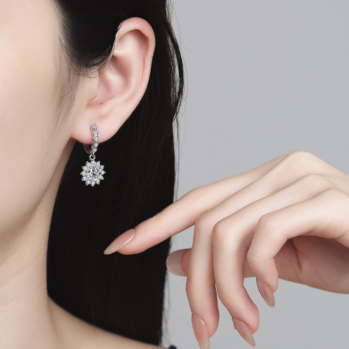 Sterling silver S925 moissanite sunflower design tassel earrings, understated luxury floral earrings