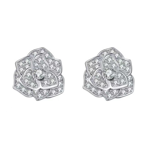 Sterling silver S925 moissanite diamond silver needle earrings, elegant and versatile, full diamond camellia stud earrings, luxurious and fashionable.