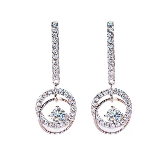 Moissanite Earrings with Silver Needles, Elegant Heavy Craftsmanship, Long Style, S925 Sterling Silver, Women's Double Ring Circular Design, Beating Heart Design