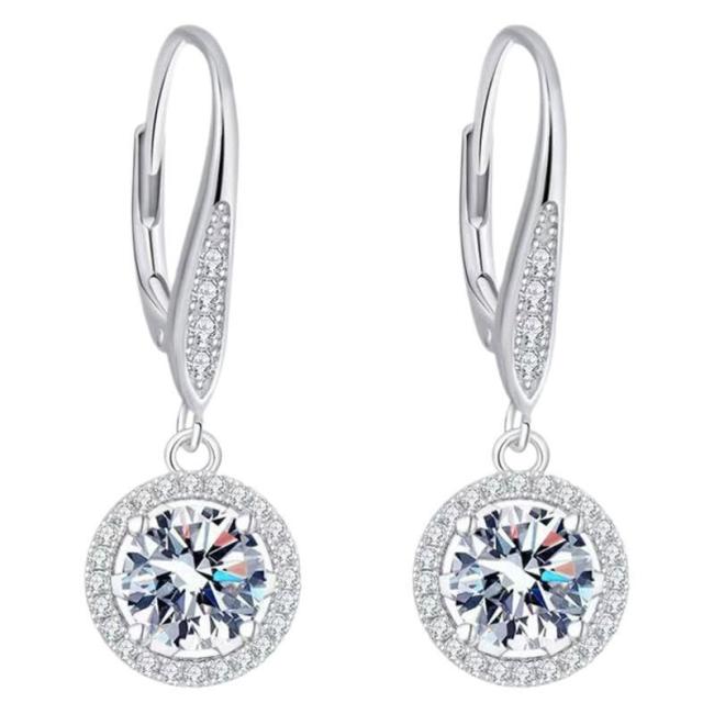 925 Sterling Silver French Clip Earrings, European and American Luxury Moissanite Round Bag, Fashionable Classic High-End Four-Prong Ear Hook