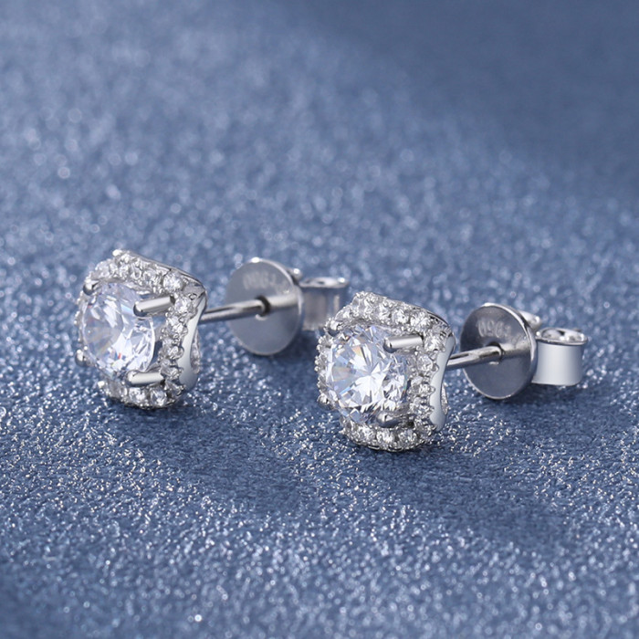 Sterling Silver S925 Moissanite Floral Age Stud Earrings with Geometric Elements
