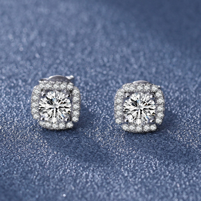 Sterling Silver S925 Moissanite Floral Age Stud Earrings with Geometric Elements