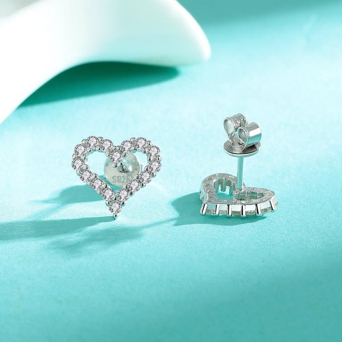 S925 Sterling Silver Moissanite Diamond Heart-Shaped Stud Earrings - Simple and Unique Hollow Out Heart Earrings - Elegant Heart-Shaped Earrings