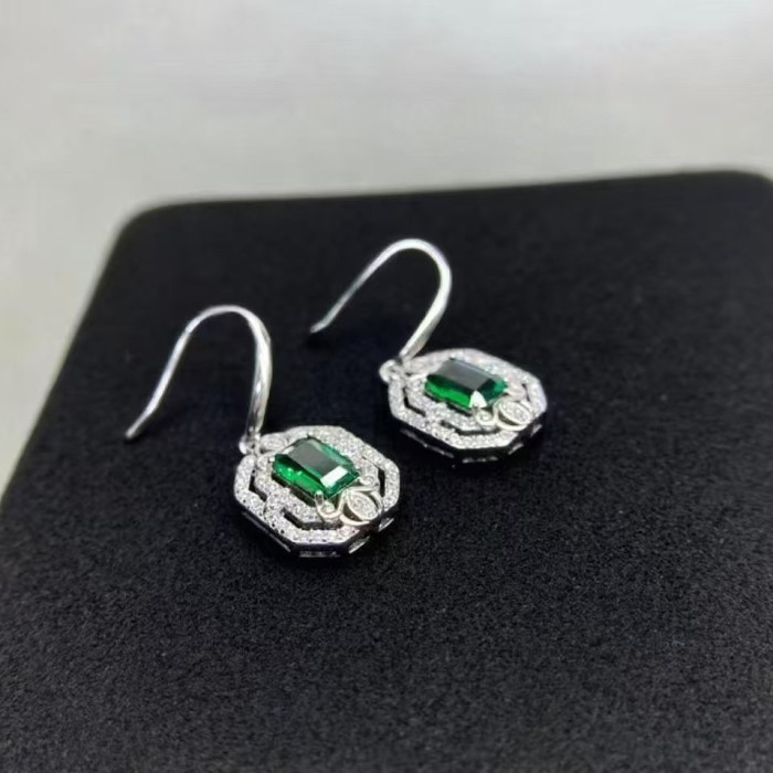 S925 Sterling Silver Gemstone Imitation Natural Gem Emerald Necklace for Women, Pendant Earrings, Collarbone