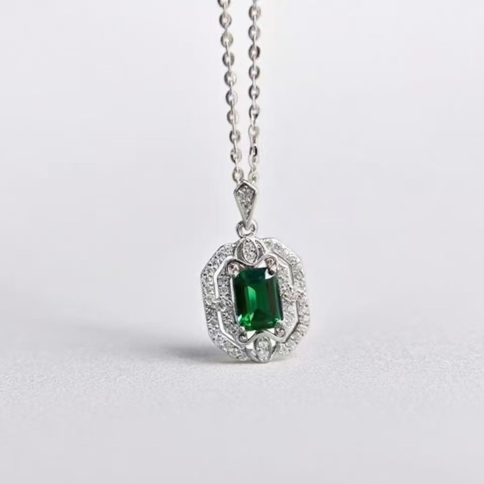 S925 Sterling Silver Gemstone Imitation Natural Gem Emerald Necklace for Women, Pendant Earrings, Collarbone