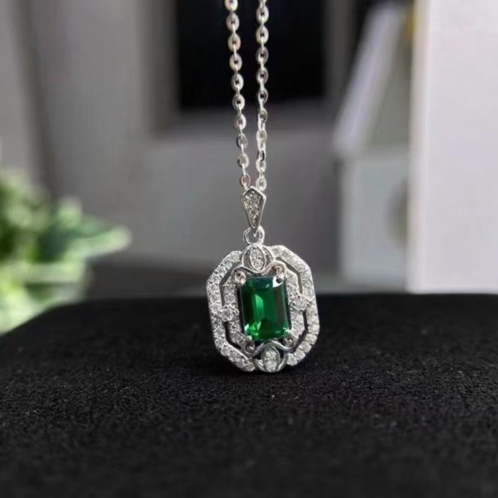 S925 Sterling Silver Gemstone Imitation Natural Gem Emerald Necklace for Women, Pendant Earrings, Collarbone