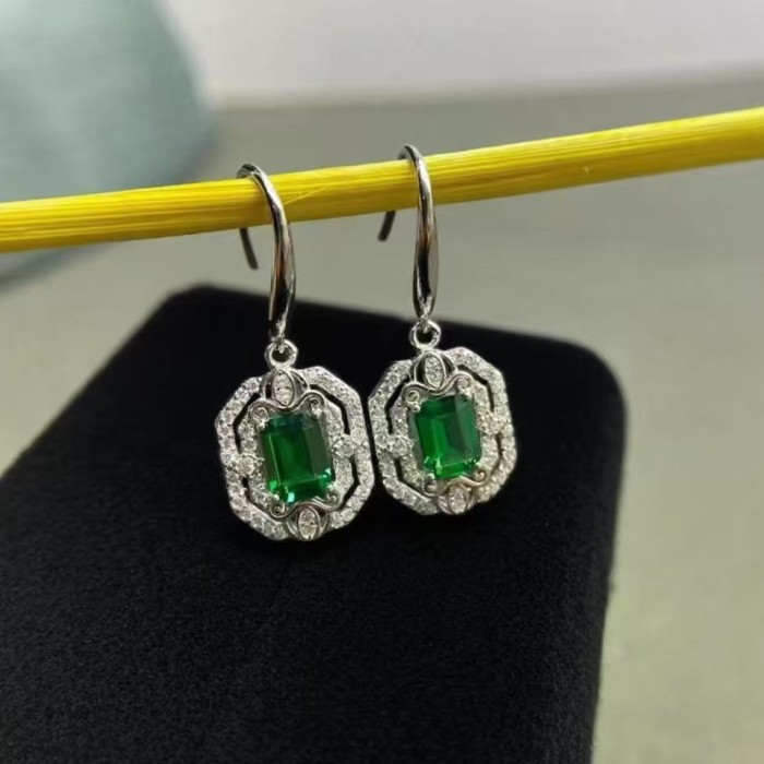 S925 Sterling Silver Gemstone Imitation Natural Gem Emerald Necklace for Women, Pendant Earrings, Collarbone