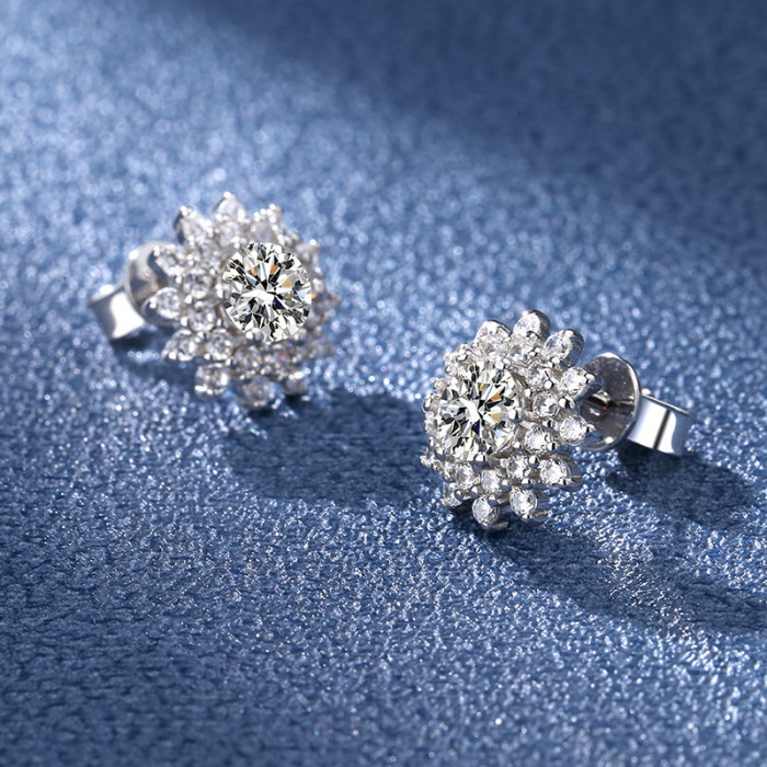 S925 Sterling Silver Moissanite Sunflower Earrings for Women - Simple and Luxurious Design