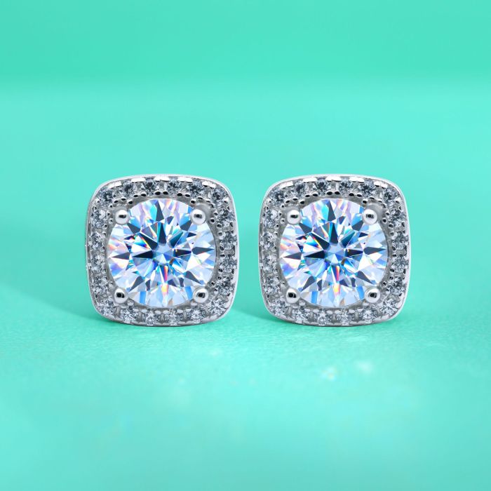 Small Sugar Cube Moissanite Stud Earrings for Women, S925 Sterling Silver, Classic Four-Prong Earrings, Square Earrings