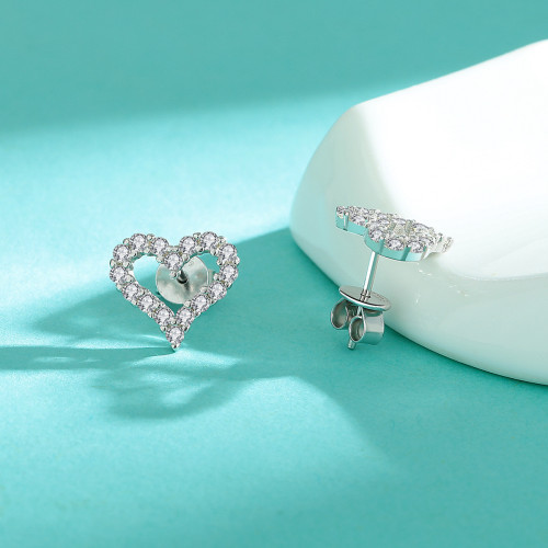 S925 Sterling Silver Moissanite Diamond Heart-Shaped Stud Earrings - Simple and Unique Hollow Out Heart Earrings - Elegant Heart-Shaped Earrings