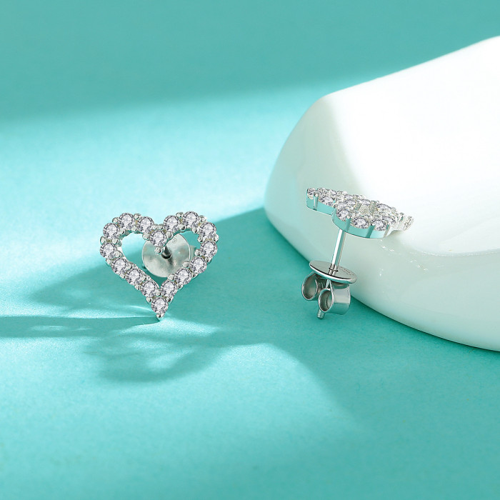 S925 Sterling Silver Moissanite Diamond Heart-Shaped Stud Earrings - Simple and Unique Hollow Out Heart Earrings - Elegant Heart-Shaped Earrings