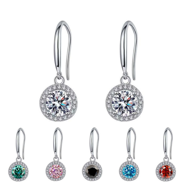 Moissanite diamond earrings for women, S925 sterling silver round micro-inlaid ear hooks, Korean style, simple and fashionable 4-claw earrings.