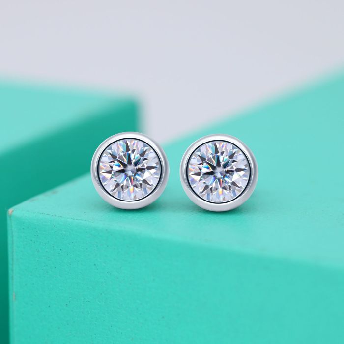 S925 Sterling Silver Moissanite Diamond Round Stud Earrings for Women - Elegant and Unique Design - Bubble Earrings with Geometric Diamond Studs