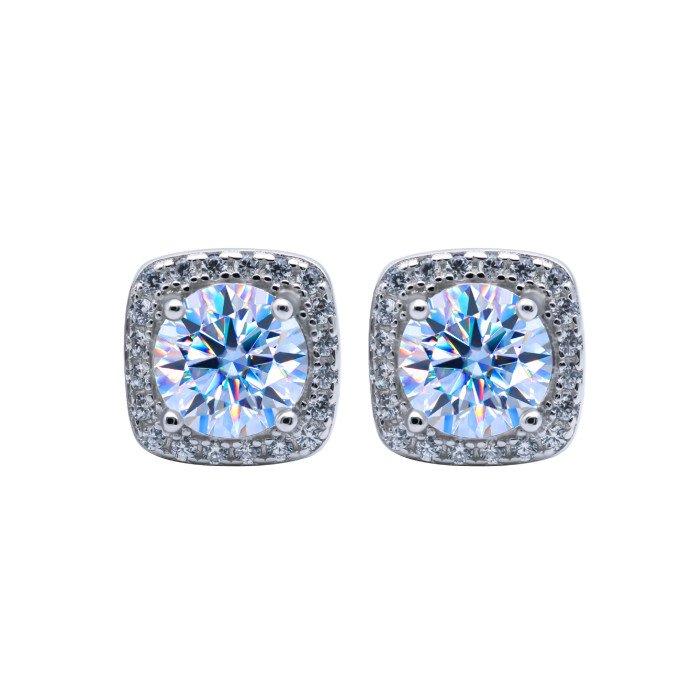 Small Sugar Cube Moissanite Stud Earrings for Women, S925 Sterling Silver, Classic Four-Prong Earrings, Square Earrings