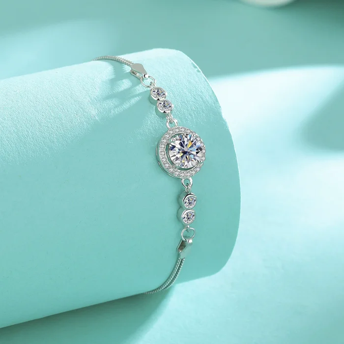 S925 Sterling Silver Round Bracelet with Adjustable Moissanite - High-End Jewelry