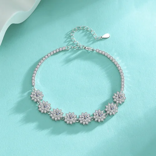 925 Sterling Silver Bracelet with High-End Moissanite and Full Diamond Flower Design