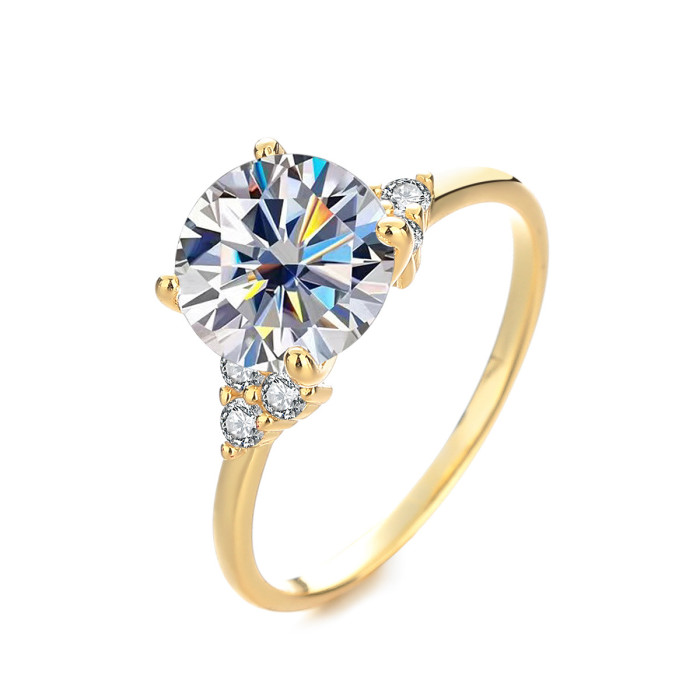 S925 Sterling Silver Gold Four-Prong Three-Diamond Moissanite Ring Luxurious and Delicate High-End Women's Ring