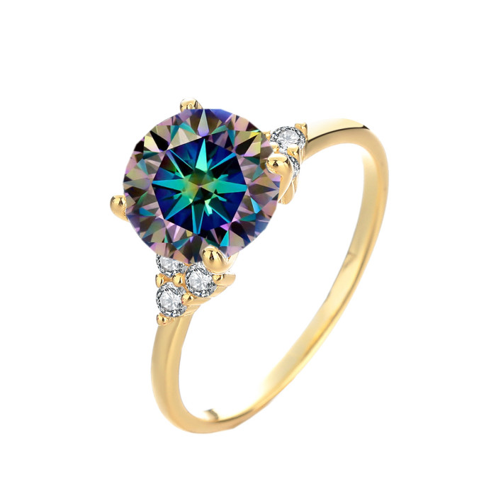 S925 Sterling Silver Gold Four-Prong Three-Diamond Moissanite Ring Luxurious and Delicate High-End Women's Ring